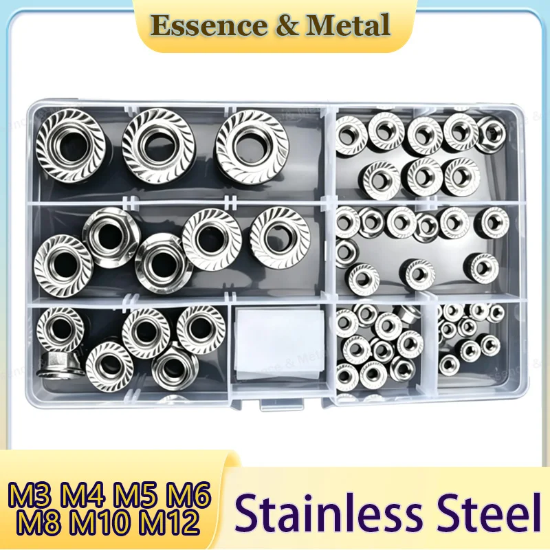 52pcs/box Serrated Lock Nuts Set M3 M4 M5 M6 M8 M10 M12 304/316/201 Stainless Steel Hex Flange Anti - Slip Lock Nuts DIN 6923