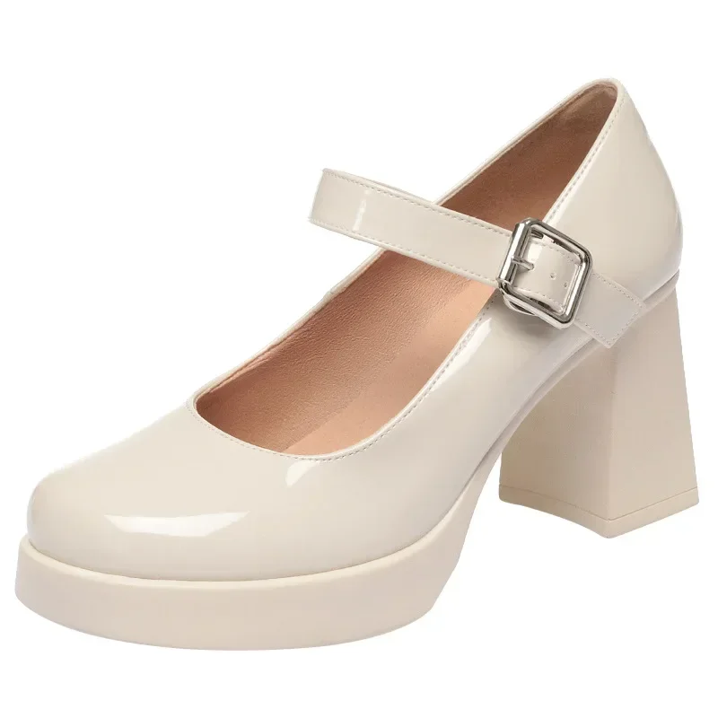 

Элегантные удобные туфли на высоком каблуке с неглубоким носком, 8 см, весенние женские яркие кожаные туфли Мэри Джейн для офисной модели платья