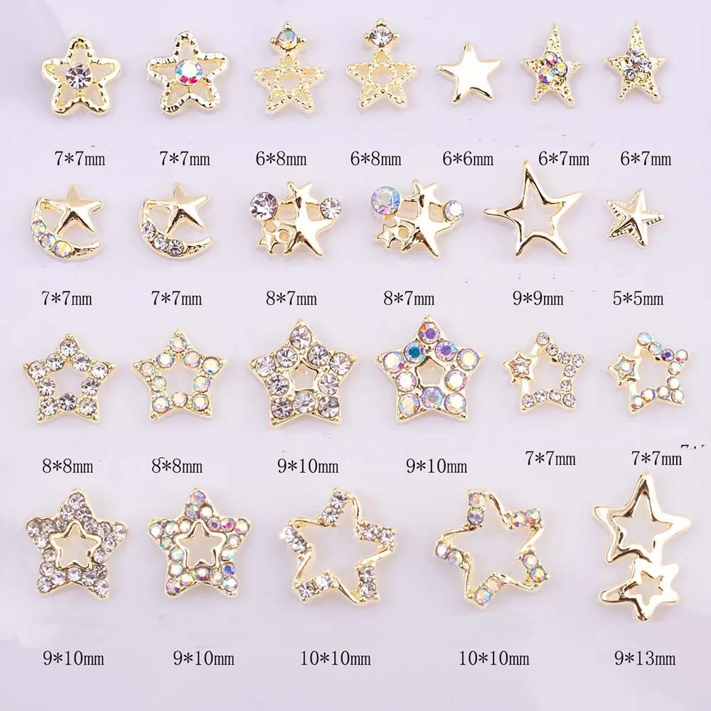 Estrella de diamante de cinco puntas para decoración de uñas, accesorios de lujo para manicura, 10 piezas, 3D, hueco, Blanco/AB