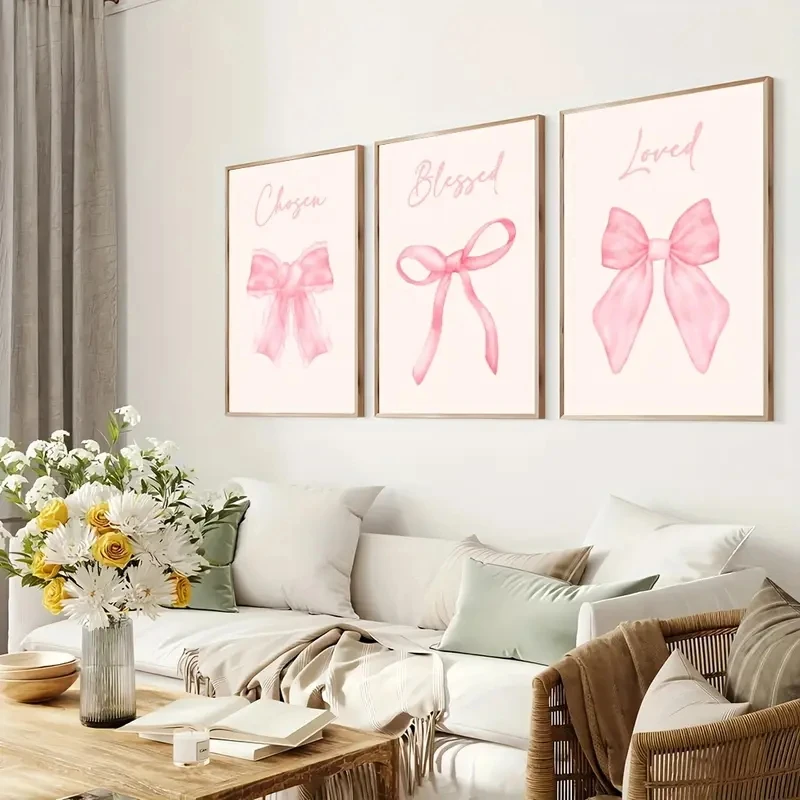 

3pcs/Set Pink Bow Inspiring School-style Art Poster Stylish Girl's Room Dopamine Canvas Print Fashionable Modern Home Decoration