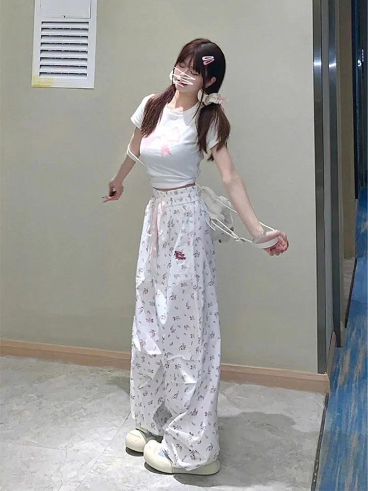 Witte bloemenprint losse wijde pijpen casual broek dames lente zomer nieuwe Amerikaanse hoge taille losse rechte broek