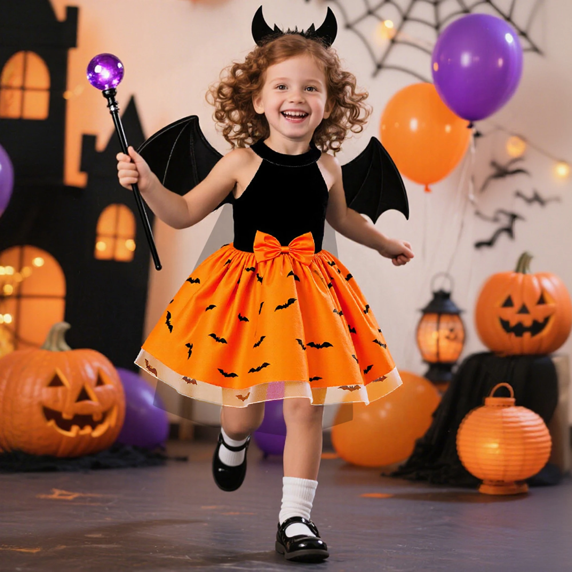 Fledermaus Cosplay Halloween Mädchen Kleid Karneval Weihnachten Kostüm Elegante Tüll Party Geburtstag Kleider für Mädchen Schleife Hochzeit Abendkleid