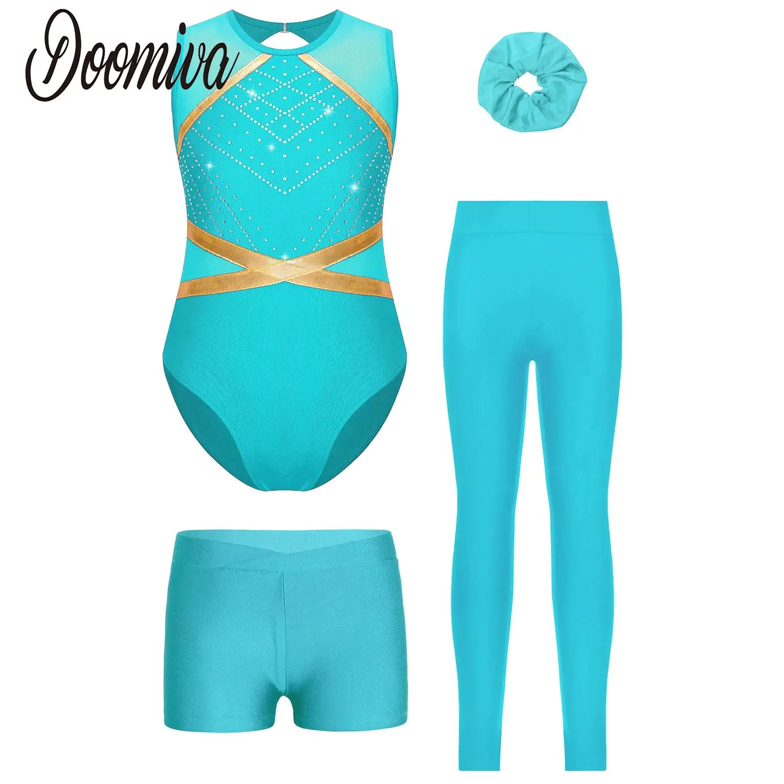 

Children Girls Leotard with Trousers Gymnastics Dance Wear Figure Skating Ballet Dance Costume Performance Dancewear 4-piece Set