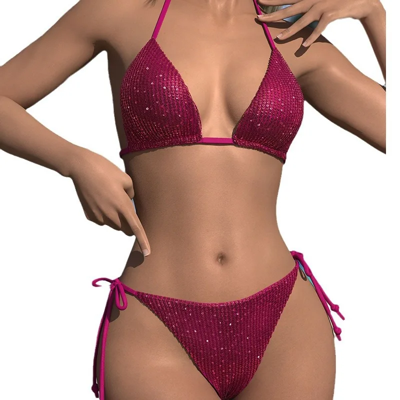 2025 夏の新水着ファッショングリッター女性ビキニセットセクシーな三角ストラップ女性スプリット水着