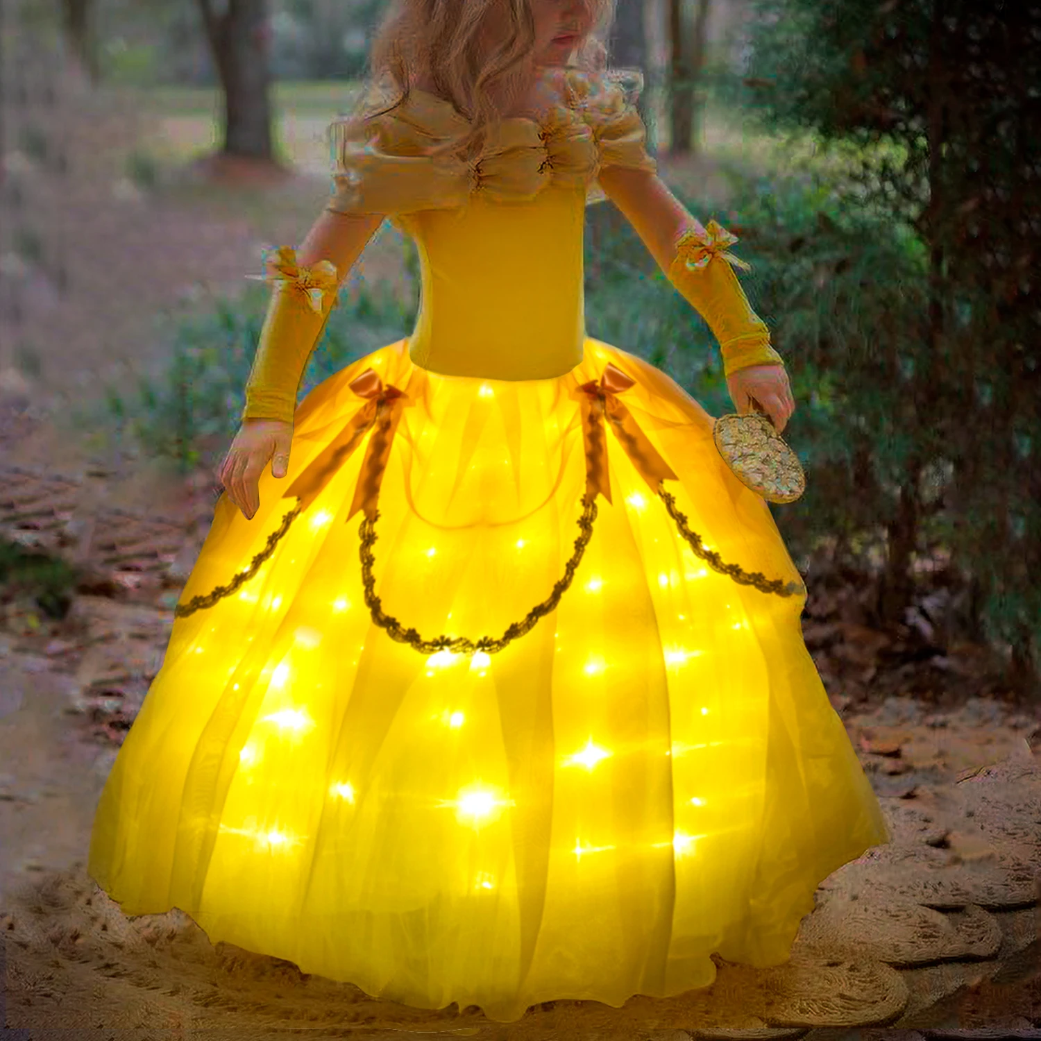 Uporpor Princess Belle LED Light Up Dress for Girl Kids Ball Gown Child Cosplay Bella Beauty and The Beast Costume Fancy Party