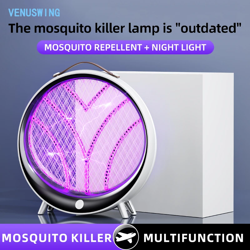 2-in-1 Lila Multifunktionaler Mückenkiller Wiederaufladbarer Insektenvernichter Elektrische Fliegenklatsche mit Licht Warmes Licht für Innen und Außen