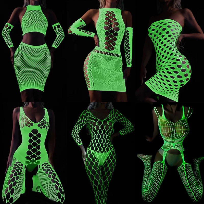 

New Noctilucent Hip Wrap Dress Sexy Women's Lingerie Crotchless ​Body Suits Underwear Babydolls Fishnet Luminous Erotic Costumes