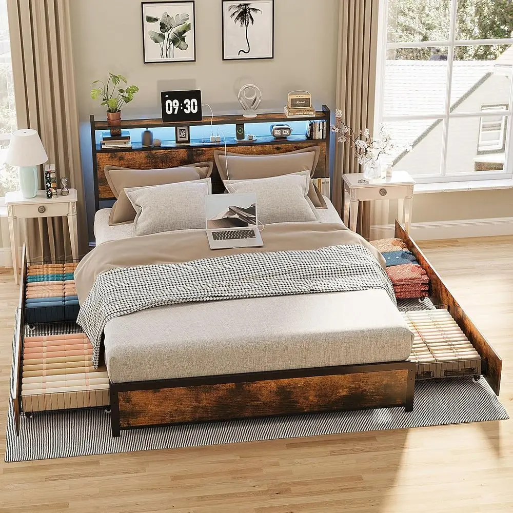

Vintage Brown King Size Metal Platform Bed with 4 Drawers, LED Shelves, Charging Station, No Box Spring Needed, Quiet and Easy A