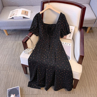 150Kg Plus Size Women's Bust 139-160 Summer Loose French Retro Square Neck Floral Dress Black 5XL 6XL 7XL 8XL 9XL