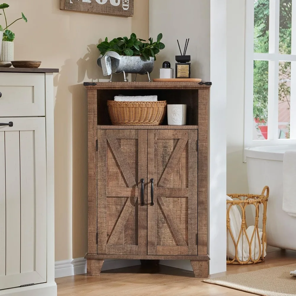 Corner Bathroom Cabinet, Farmhouse Small Corner Cabinet with Barn Door & Adjustable Shelf, Corner Kitchen Cabinet, Storage Cabin