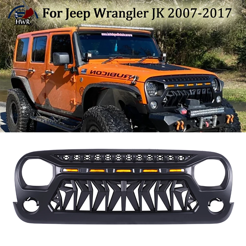 

Matte Black Offroad Grille Front Bumper Grille For Jeep Wrangler JK 2007-2017 Car Guard Grid With Yellow Led Running Lights