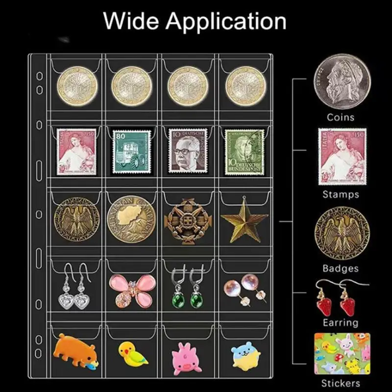 10pcs 20/30/42 Grids Coin Album Pages Pocket Acid Free Coin Holder Stamp Collection Organizer Sheet Transparent Coin Loose Leaf