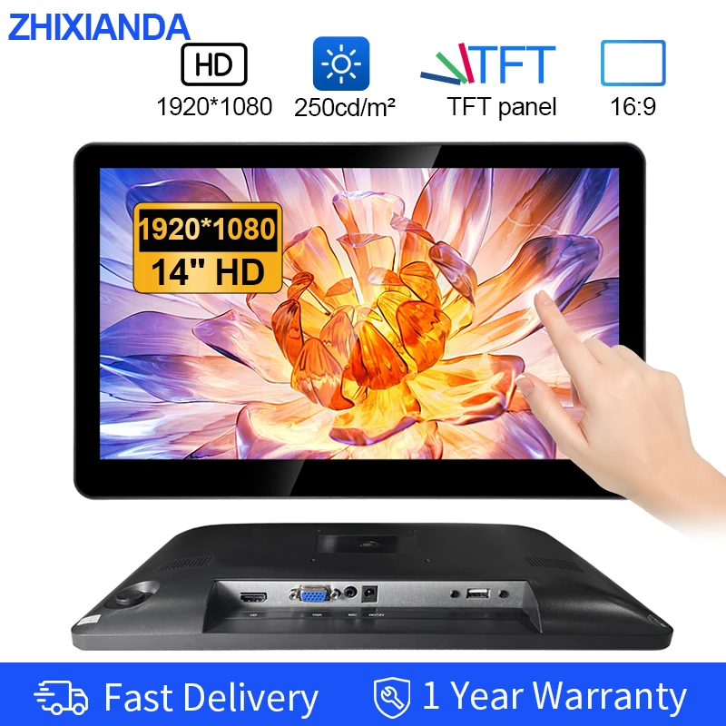 Zhixianda 14 Inch Waterproof 1920*1080 Capacitive Touch Screen POS Industrial Monitor With HDMI VGA USB For Restaurant Koisk