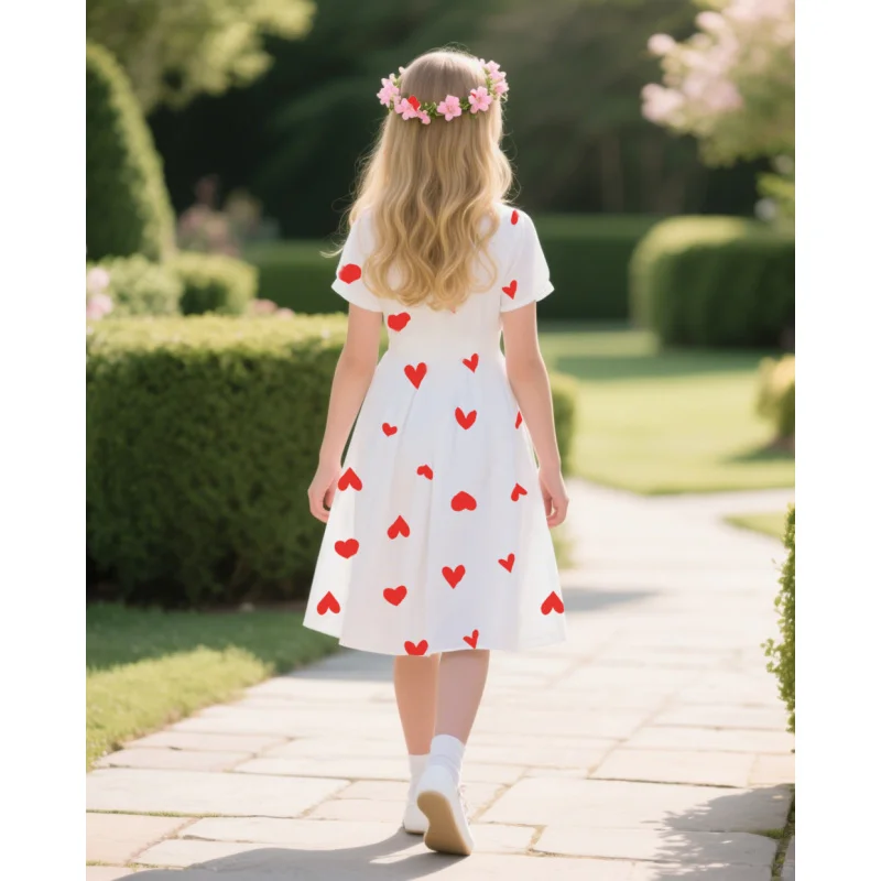 حار بيع! فستان كاجوال بأكمام قصيرة مطبوع عليه قلب أحمر لطيف لعام 2025 للفتيات، ملابس يومية وحفلات جميلة للأطفال