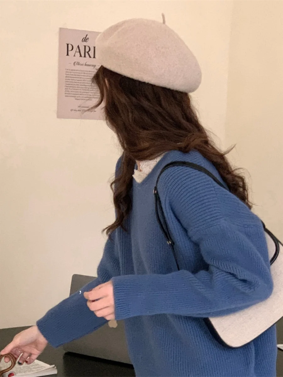 

Ele Lace Trim Loose Knit Sweater Casual Commute Sle Long Sve round Ne Color Design Sensation Two-Piece Look