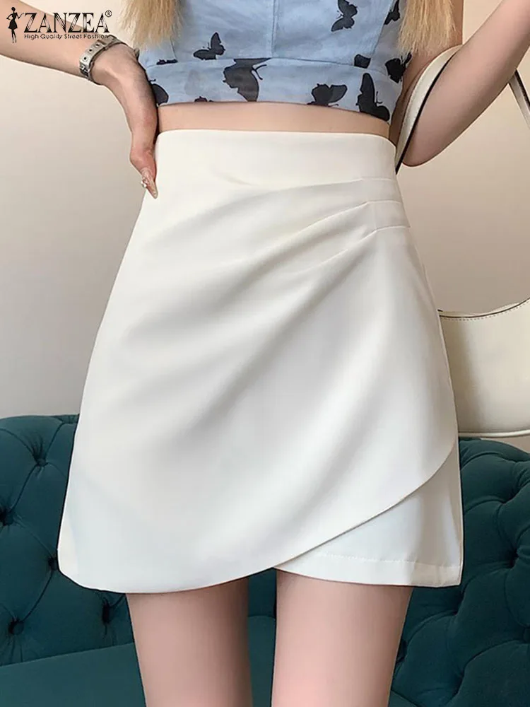 

ZANZEA Women Solid Pleating Jupe 2024 Summer Faldas Korean Cross Wrapping Mini Skirts Fashion Casual Loose Office Lady Skirts