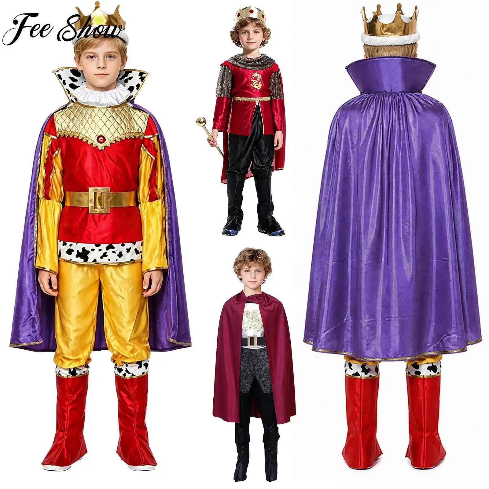 Kids Boys Royal Little King Costume Long Sleeve Tops Pants and Headwear Set for Halloween Performance Masquerade Themed Party