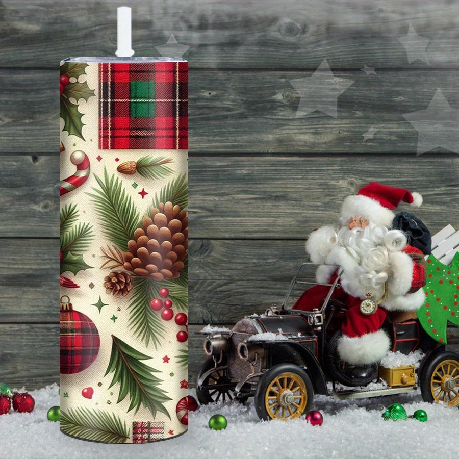 1pc Festive 20oz Stainless Steel Tumbler with Straw, 3D Printed Christmas Snowman, Gingerbread Man, Candy Cane Patterns, Slim Straight Cylinder Cup for Hot and Cold Beverages, Holiday Gift for Her