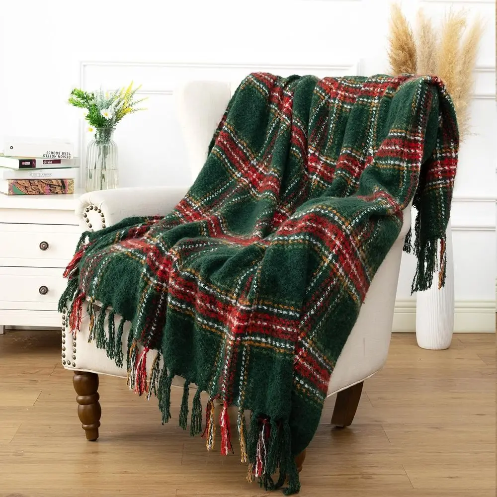 

Green Plaid Cashmere Throw Blanket with Red Fringes, 50x60, Perfect for Christmas and Home Decor, Super Soft for Couch or Sofa