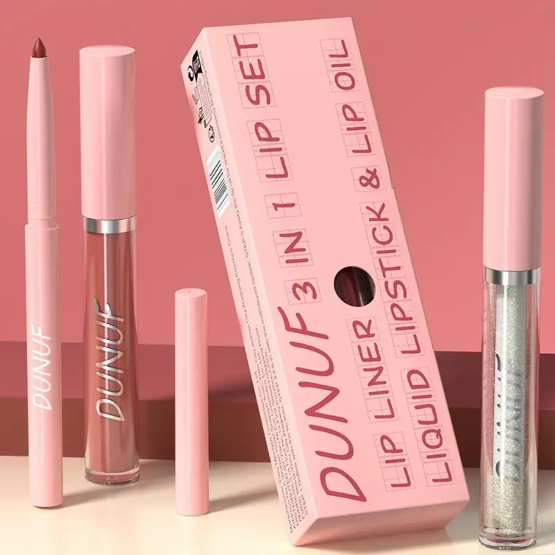 3-in-1 Matte Makeup Lip Set Lip Gloss Glitter Lipliner Pen Waterproof Long-Lasting Universal Shades Perfect Gift Makeup Products