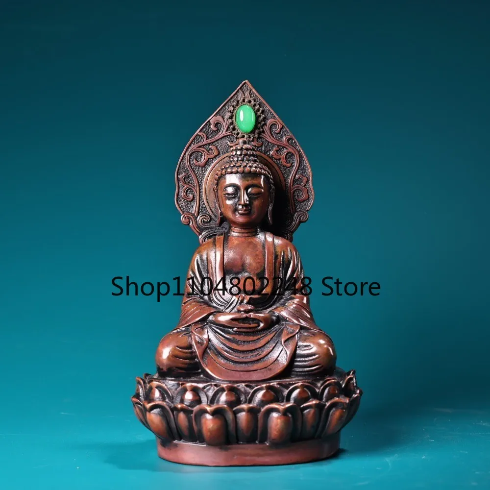 Old Chinese Bronze Buddha Statue on Lotus Throne with Inlaid Gemstone statue