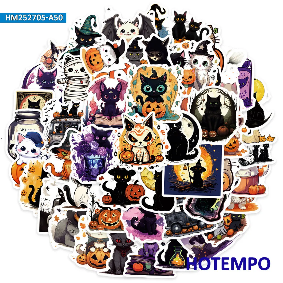 Naklejki na Halloween, Śliczne koty z kreskówek graffiti, Nadaje się do dekoracji, laptopa, samochodu, telefonu, albumu z wycinkami, bagażu, Zabawny pakiet naklejek, 20/30/50 sztuk