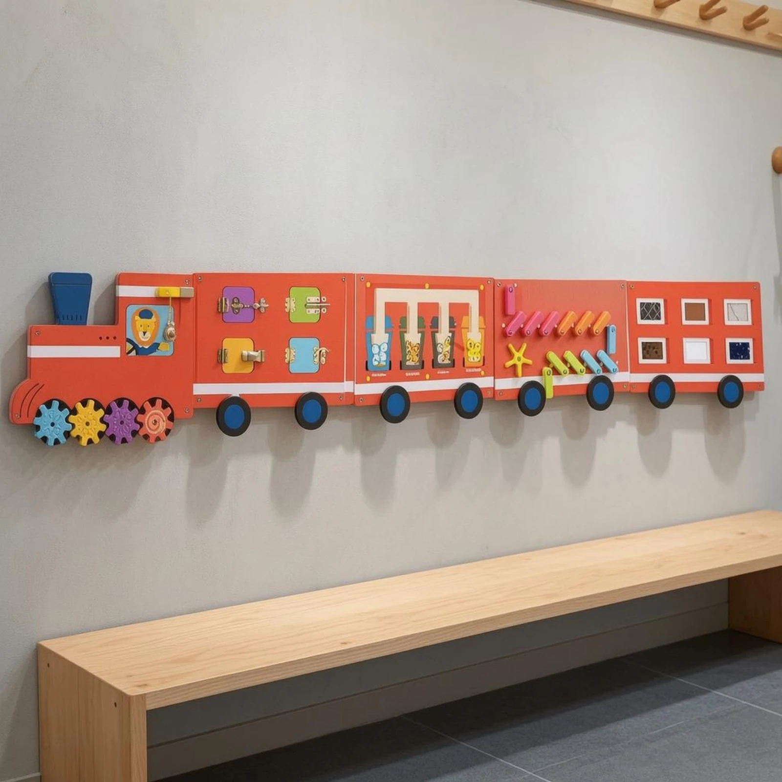 Children's Train Activity Board Hand-Eye Coordination Train Wall Busy Board Wooden Sensory Wall Panel Fine Motor Skills