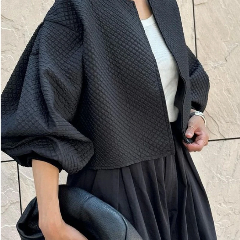 2024 inizio autunno coreano stile giapponese o-collo cappotto corto solido manica a sbuffo cerniera Crop Top 2024 giacca leggera allentata Casual