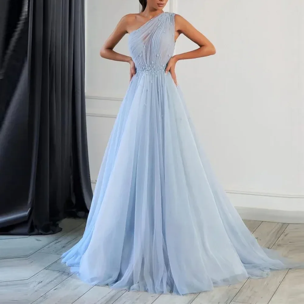 

Sky Blue Tulle Elegant Formal Evening Dress Beading One-Shoulder A-Line Floor-Length Appliques Prom Party Gown Dresses