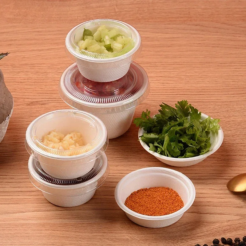 100pcs 1/2oz Disposable Paper Sauce Cups With Lid White Round Jelly Yogurt Condiment Food Containers Degradable Seasoning Bowls