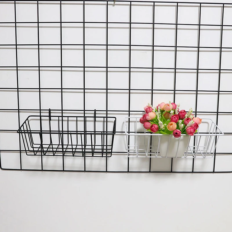 Metal Decorative Storage Basket DIY Iron Grid Flower Pot Hanging Shelf Wall Art Mounted Frame Mesh Display Rack Home Decoration