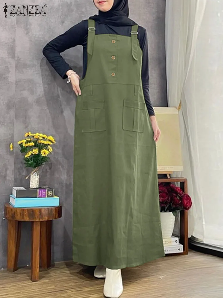 

ZANZEA Stylish Women Spaghetti Strap Overalls Dress Summer Fashion Solid Muslim Abaya Sundress Cargo Dress Vintage Islamic Cloth