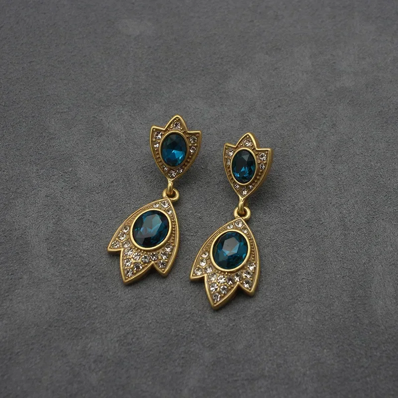 

Vintage Morandi Color Crystal Gemstone Earrings Brass Gold-plated Earrings