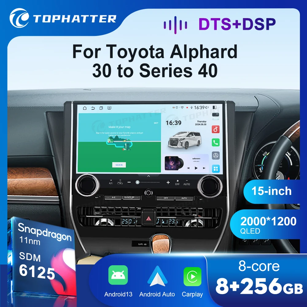

15" 2K 8G 256G Car Radio For Toyota Alphard 30 35 to 40 Series Qualcomm Android Auto Multimedia Player Head Unit Screen Navi