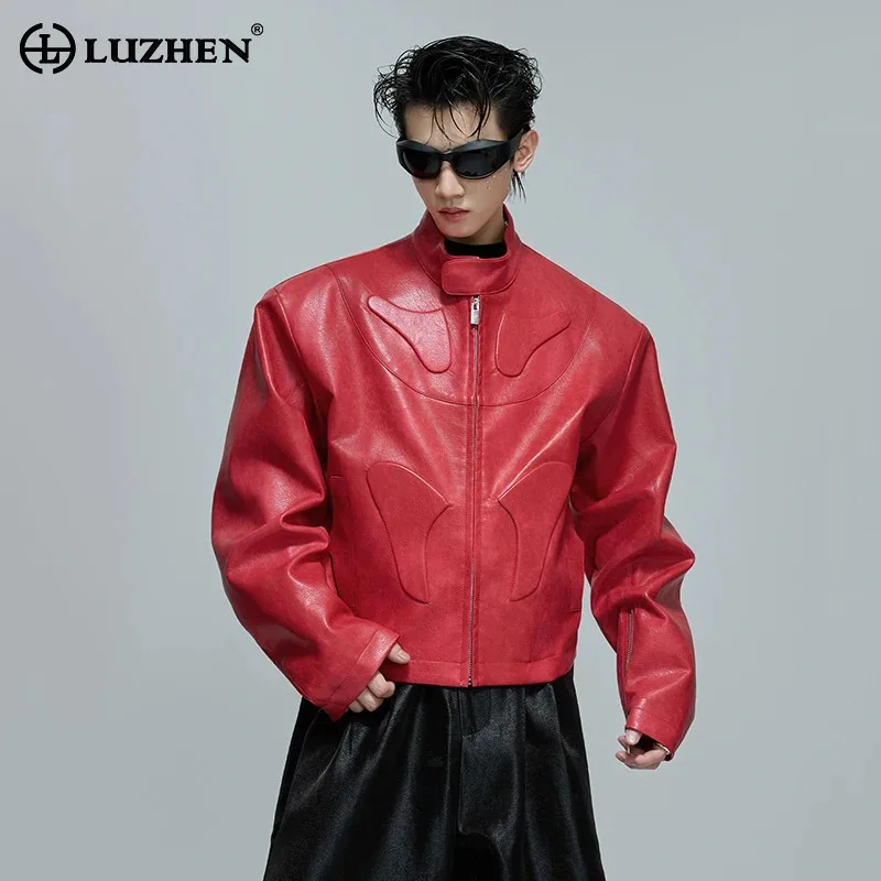 

LUZHEN модная однотонная кожаная куртка с тиснением на молнии, мужская уличная одежда, 2025 стильное пальто-локомотив JY4477