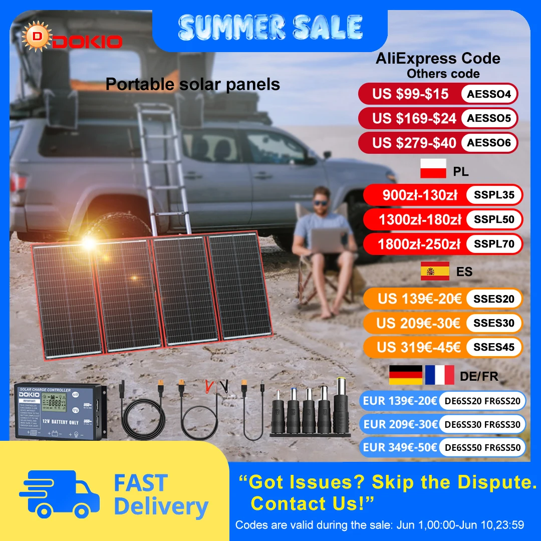 Panneau solaire pliable portable Dokio 300 W 18 V avec contrôleur 12 V adapté aux voyages de camping en famille