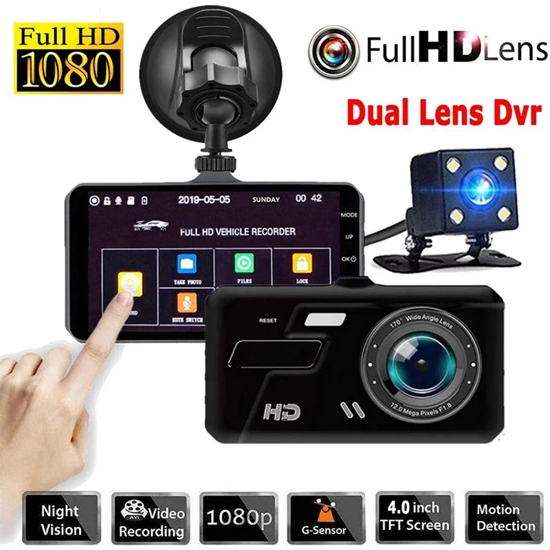 4 Inch Touch Screen Dash Cam 1080P Car DVR Dual Lens Car Camera Dashcam Wide Angle Video Recorder Rear Camera Night Vision