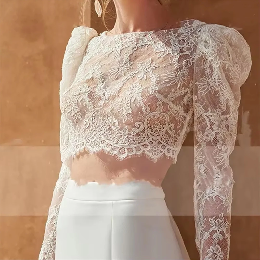 LSYX Customized Boho 2 Pieces Lace Long Puff Sleeves Wedding Dresses High Side Slit O-Neck Backless Sweep Train Illusion 2026 image 3