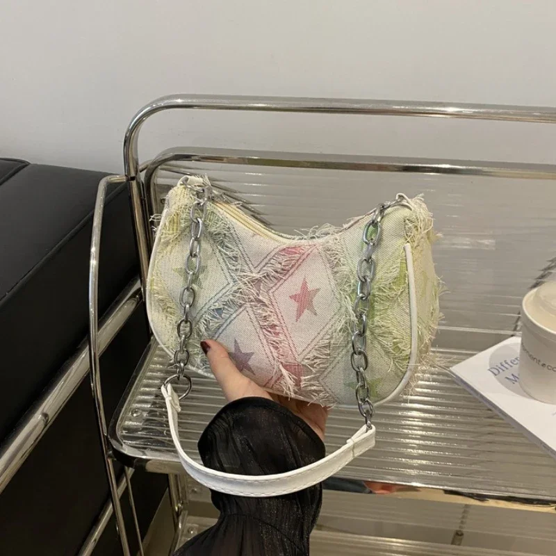 

2025 Fashion Leisure Personalized Gradient Star Women's Bag, Denim Chain Cross Shoulder Small Square Bags