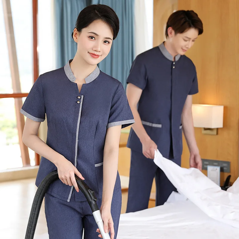 ユニセックス清掃作業服-夏用-薄手-半袖-女性用-ホテル-プロパティ-客室清掃-おばさん専用作業服