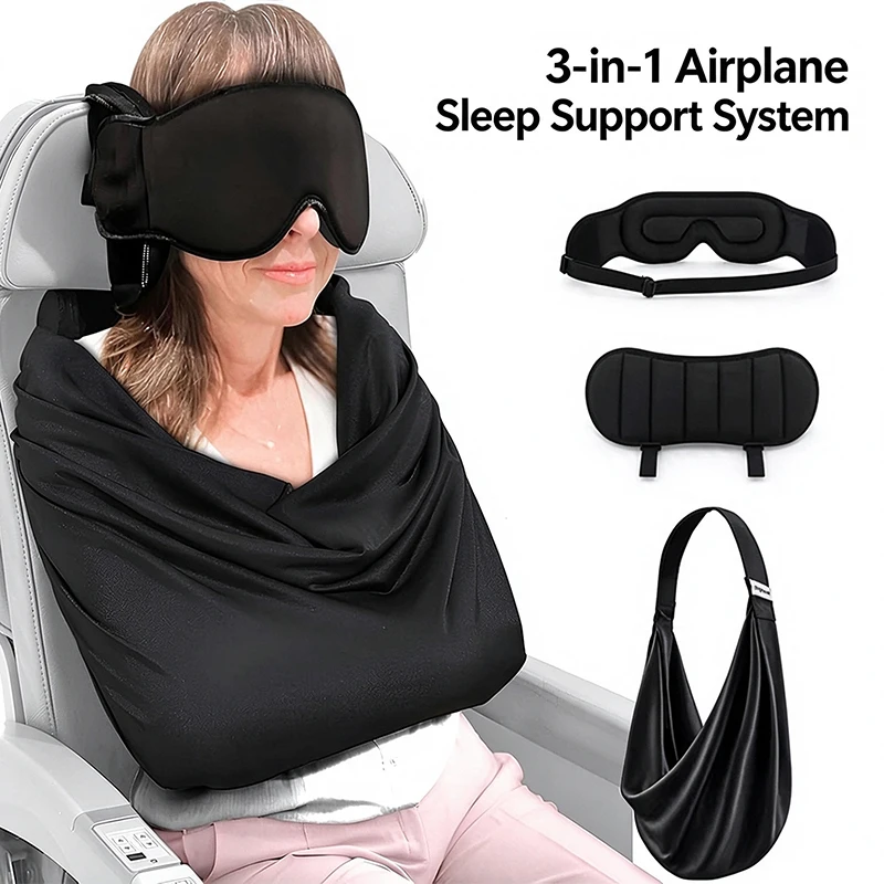 Système de soutien au sommeil pour avion 3-en-1, accessoires de sommeil intégrés pour avion, oreiller en mousse à mémoire de forme, masque pour les yeux, ensemble de coussin de corps