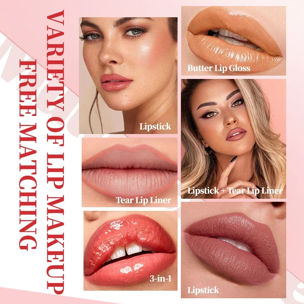 Qibest 9 pezzi kit per trucco labbra rossetto opaco, matita per labbra strappata, smalto per labbra ad acqua, macchia per labbra in velluto nudo, cosmetici per tinta labbra duraturo