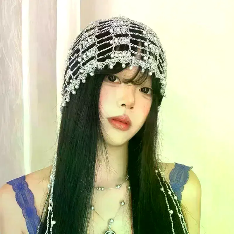 Trendy Handmade Chain Beaded Design Hollow Pullover Hats For Women Summer Autumn Personality Versatile Retro Punk Niche Beanies