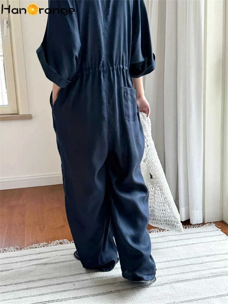 HanOrange 2024 Summer Lazy Slightly Transparent Lyocell Linen Jumpsuit women Comfortable Breathable Loose Casual Jumpsuit Navy