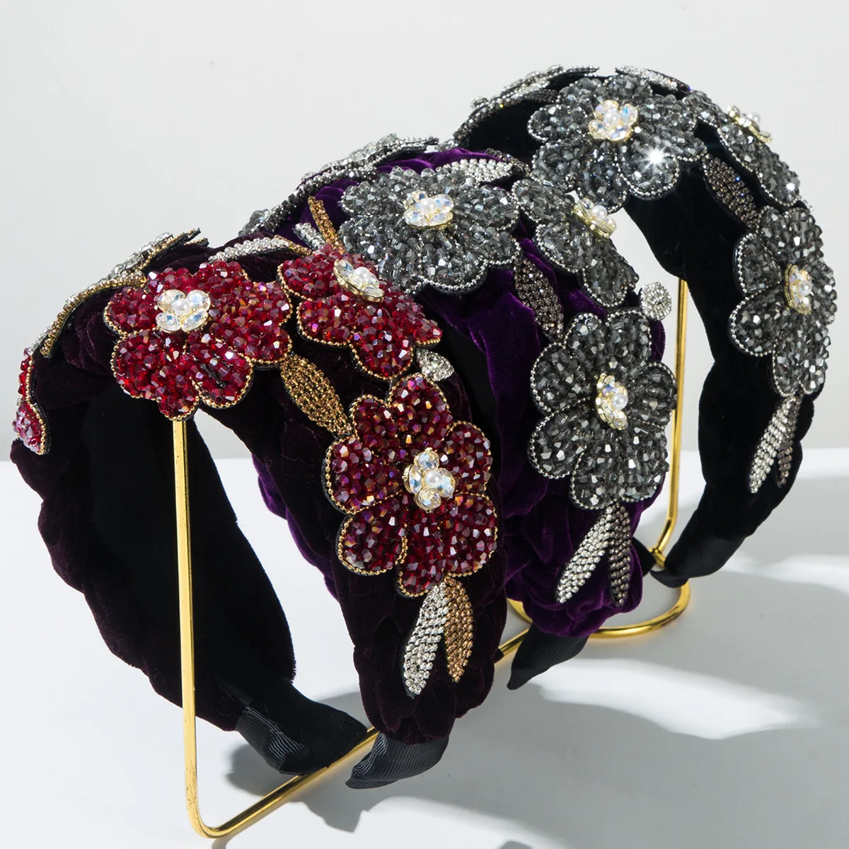 

European and American Baroque Velvet Woven Rhinestone Flower Headband Luxurious Party Hair Accessory for Women