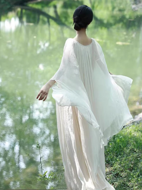 Nuovo cinese Sle White Dr Donna Estate Zen Sensation Allentato Pigro Sottile Dra Abito lungo Gonna a trapezio Materiale sottile