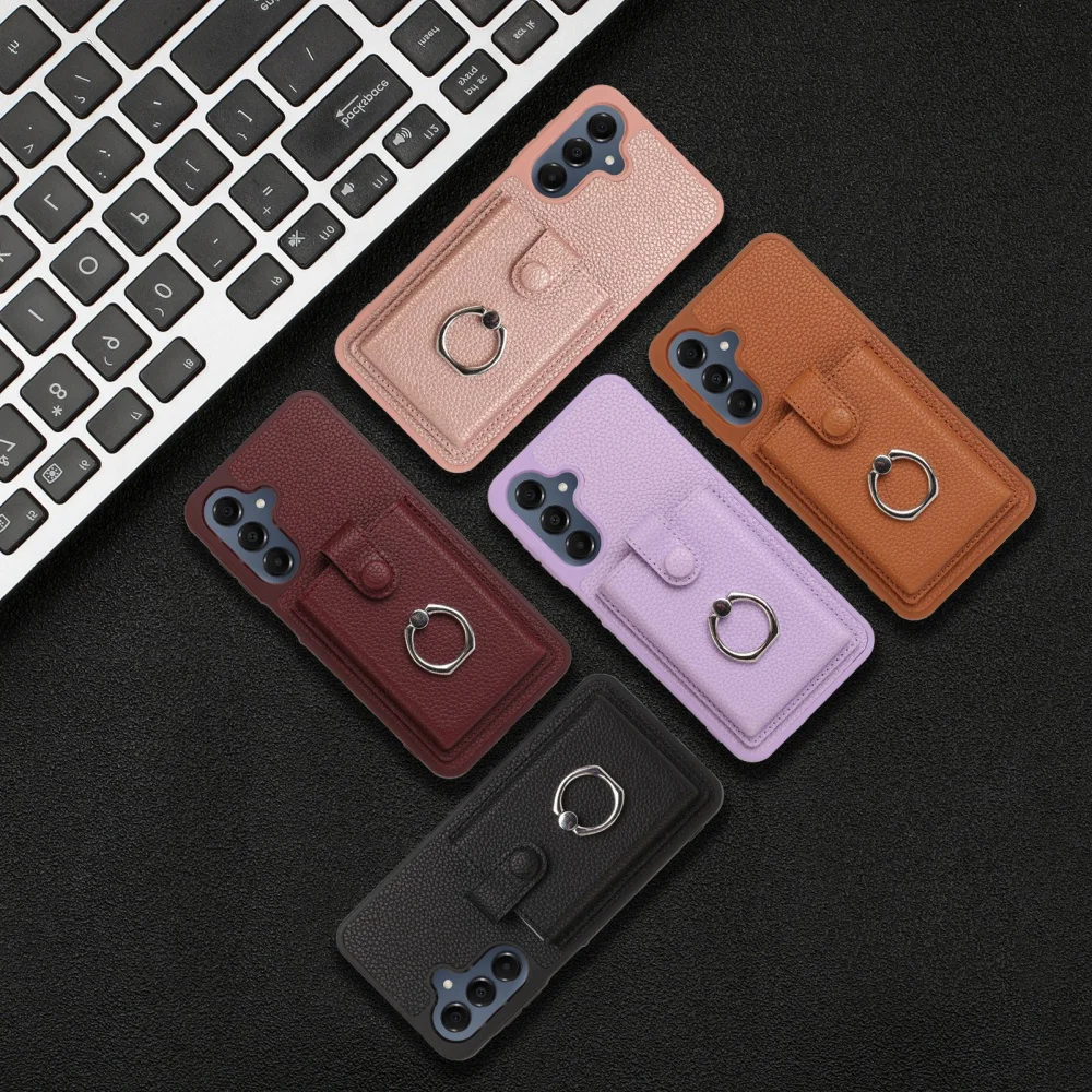 Luxury Card Slot Ring Holder Leather Phone Case For Samsung S25 S24 S26 Ultra S23 S22 S21 Plus FE A55 A36 A16 Shockproof Cover