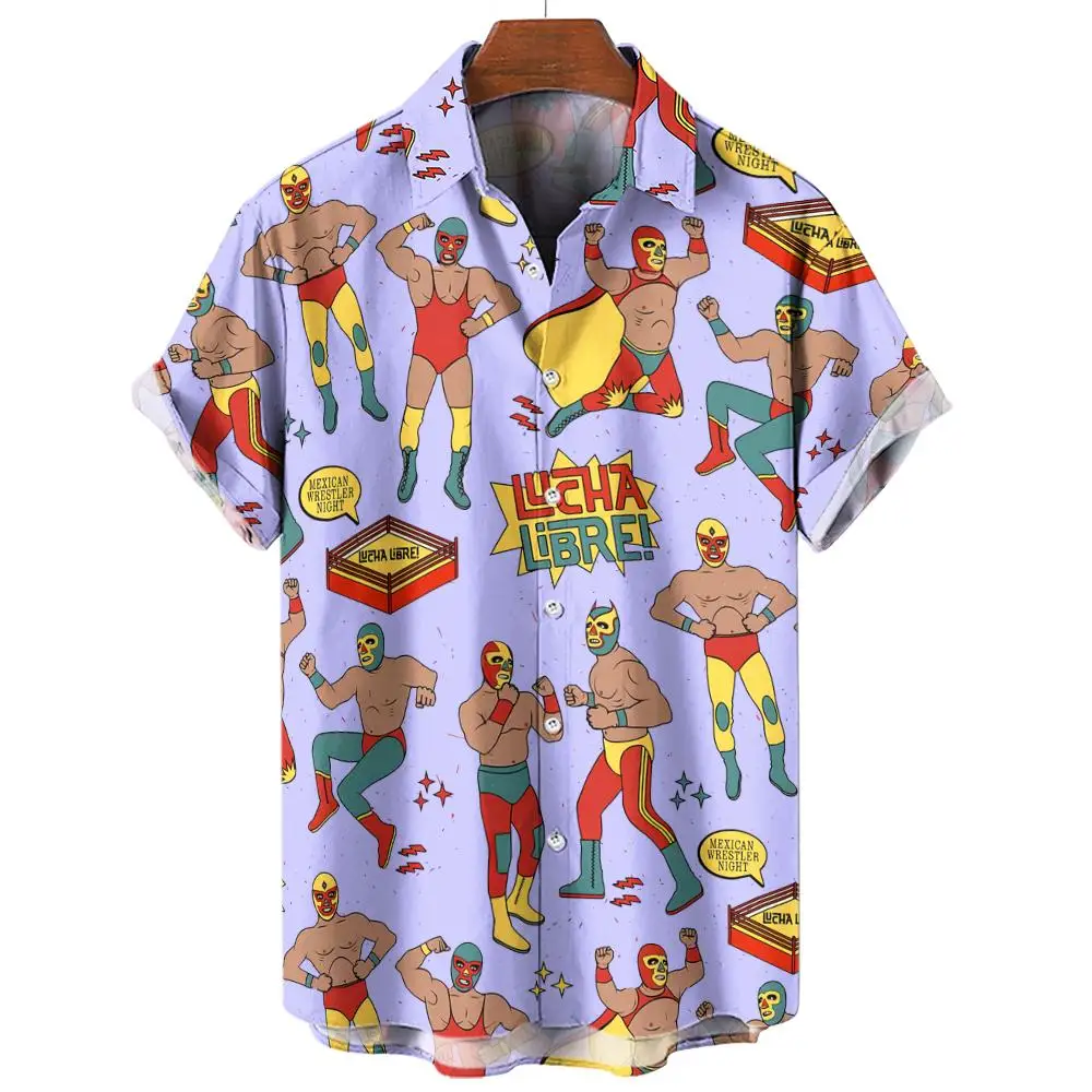 New Retro Men\'s Shirt 3d Mexican Wrestling Print Short Sleeve Shirt Fashion Man Clothing Loose Oversized Hawaiian Shirts For Men