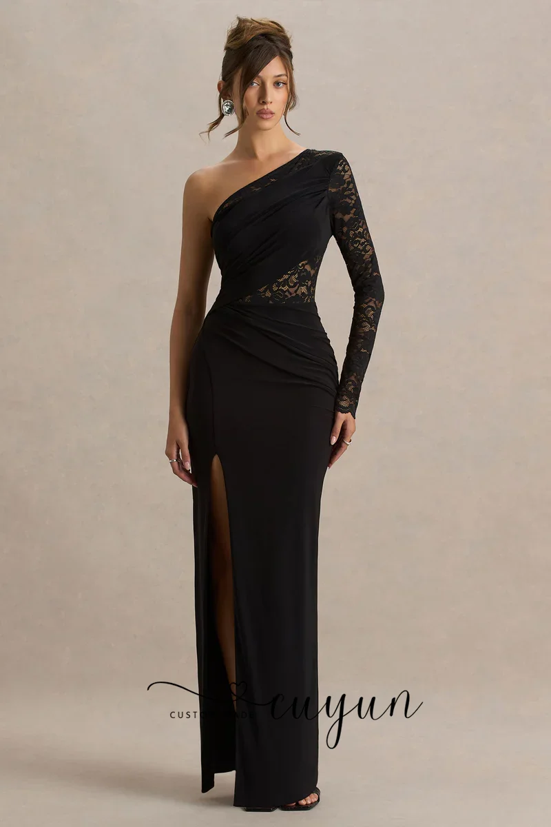 CUYUN 맞춤형 원숄더 레이스 긴 소매 이브닝 디너 드레스 슬릿 섹시 우아한 웨딩 파티 드레스 게스트용