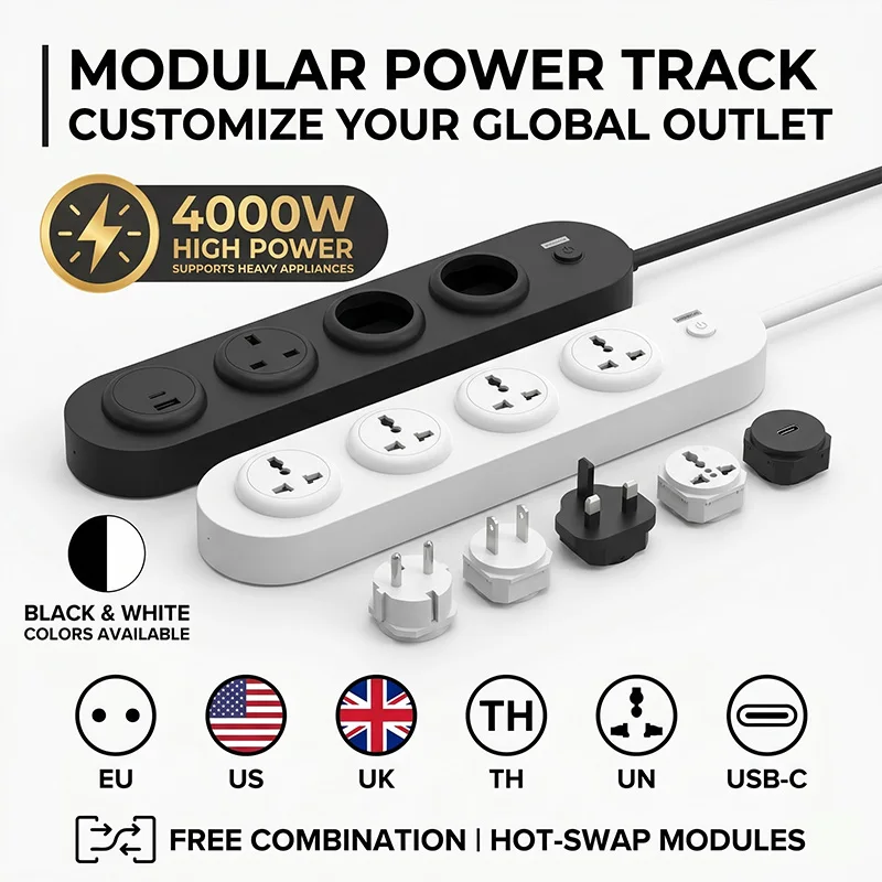 4000W Modular Power Strip Track Universal EU US UK TH Plug Socket Outlet with USB C Fast Charge Vertical Wall Mount Power Track